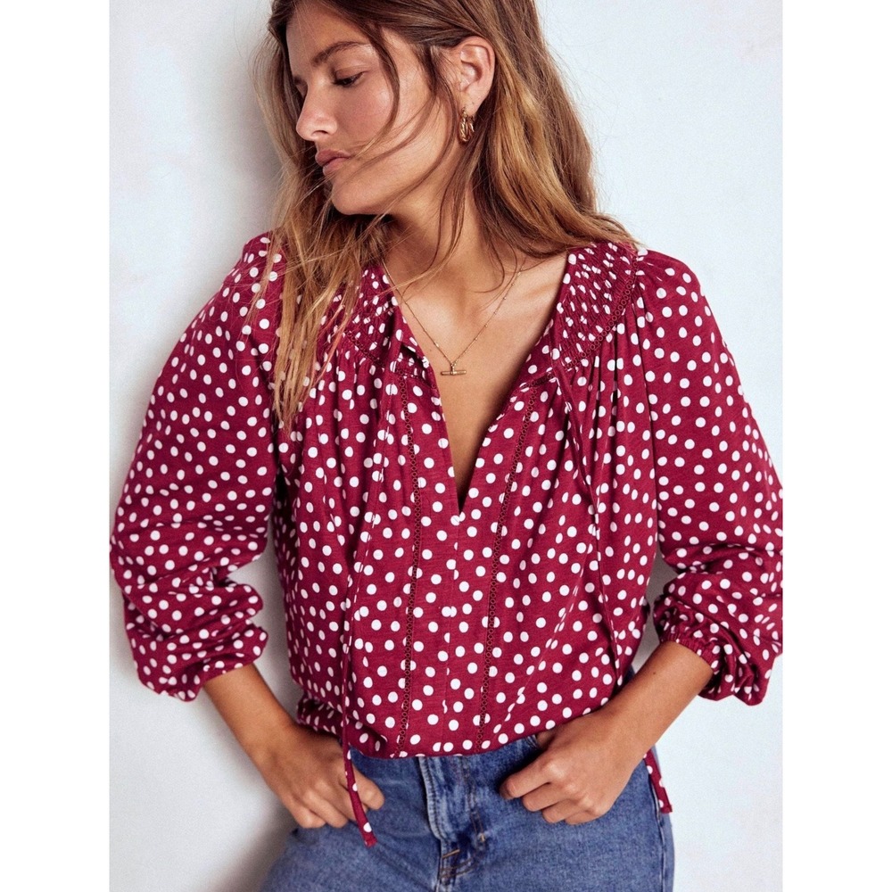 Boden Georgia Smocked Jersey Top Red Polka Dot Boho Romantic US 6